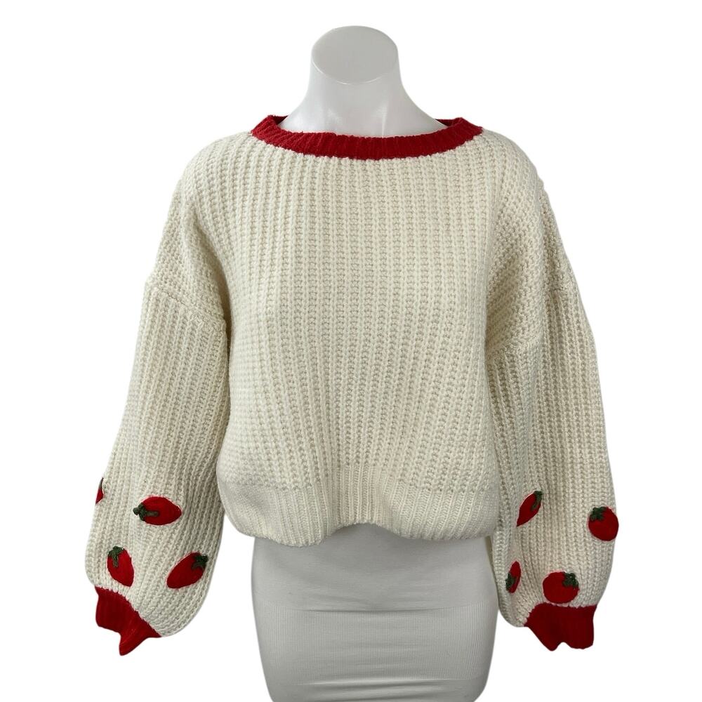 Cider Strawberry Women's Cream Chunky Knit Round Neck Long Sleeve Crop Sweater M
